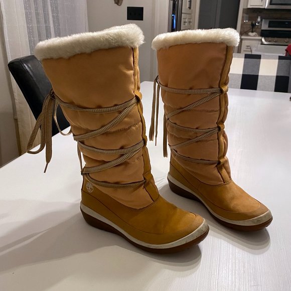Women's Timberland Tan Leather Winter‎ Snow Boots Size 6 M Model 18388 2178 - Picture 1 of 10